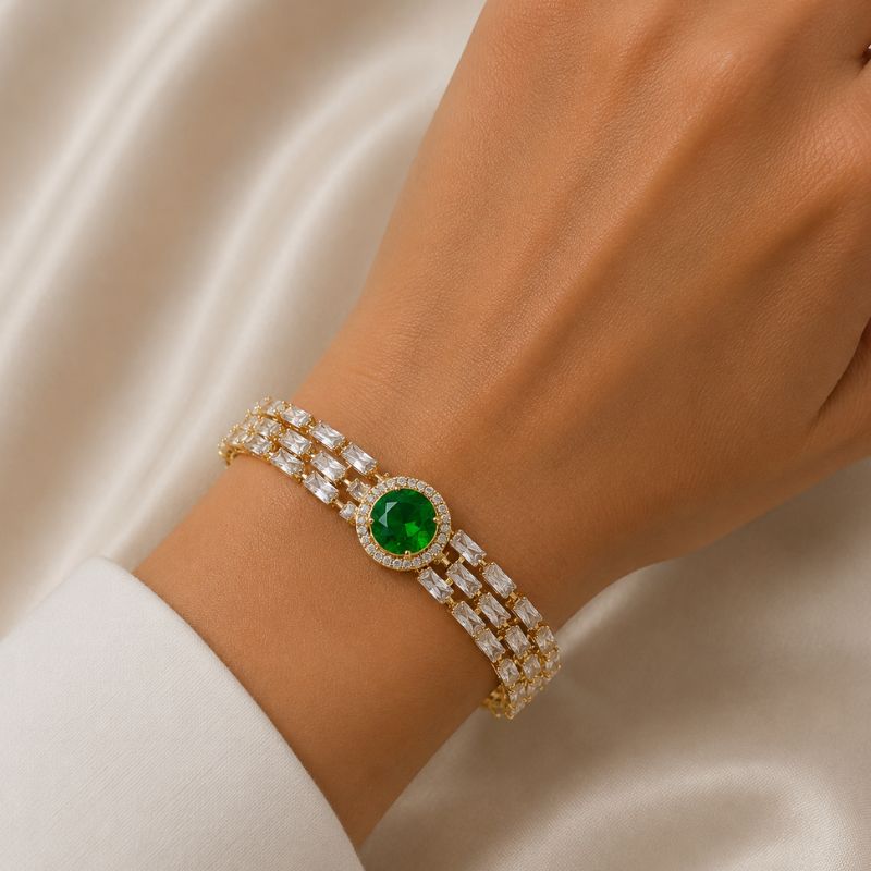 Bratara cupru CZ alb, verde, placaj aur 18 K, lungime 17 cm