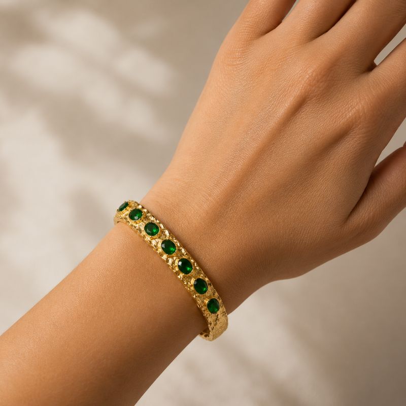 Bratara fixa din otel inoxidabil placat cu aur 18 K, CZ verde