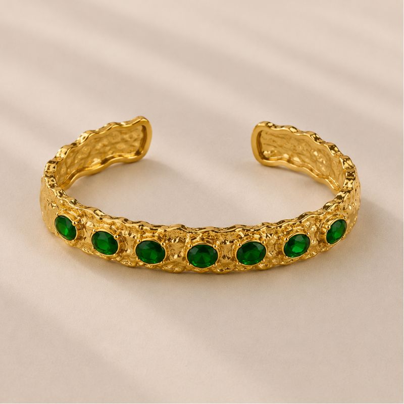 Bratara fixa din otel inoxidabil placat cu aur 18 K, CZ verde