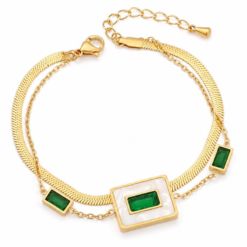 Bratara inox, placaj aur 18K, 2 straturi CZ verde