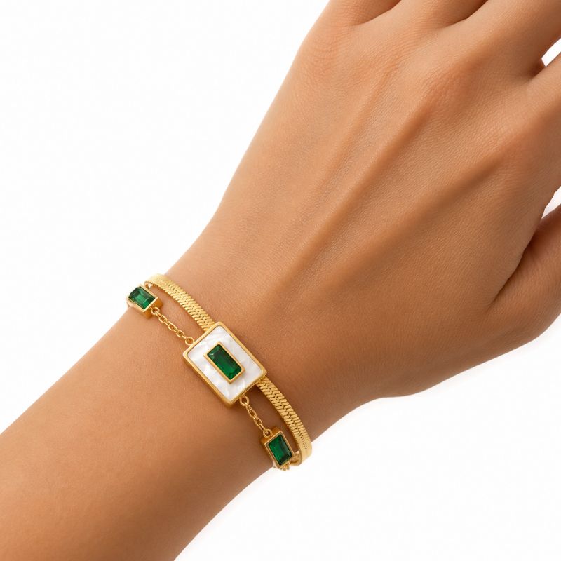 Bratara inox, placaj aur 18K, 2 straturi CZ verde