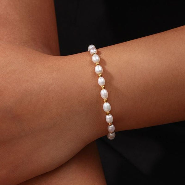 Bratara inox reglabila cu perle de cultura, placaj aur 18K