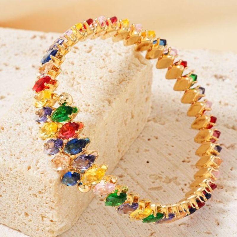 Bratara tennis cupru reglabila, placaj aur 18K, CZ multicolor