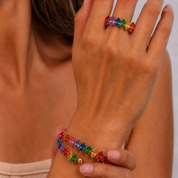 Bratara tennis cupru reglabila, placaj aur 18K, CZ multicolor