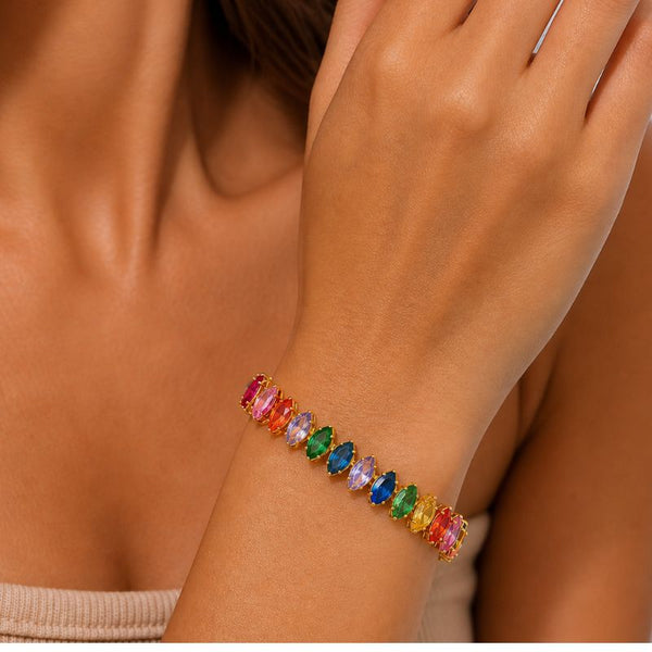 Bratara tennis cupru reglabila, placaj aur 18K, CZ multicolor