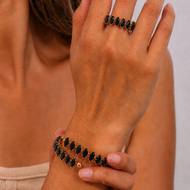 Bratara tennis cupru reglabila, placaj aur 18K, CZ negre