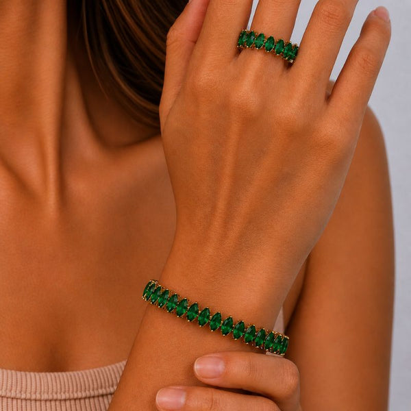 Bratara tennis cupru reglabila, placaj aur 18K, CZ verde