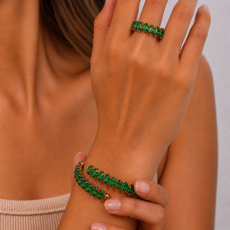 Bratara tennis cupru reglabila, placaj aur 18K, CZ verde