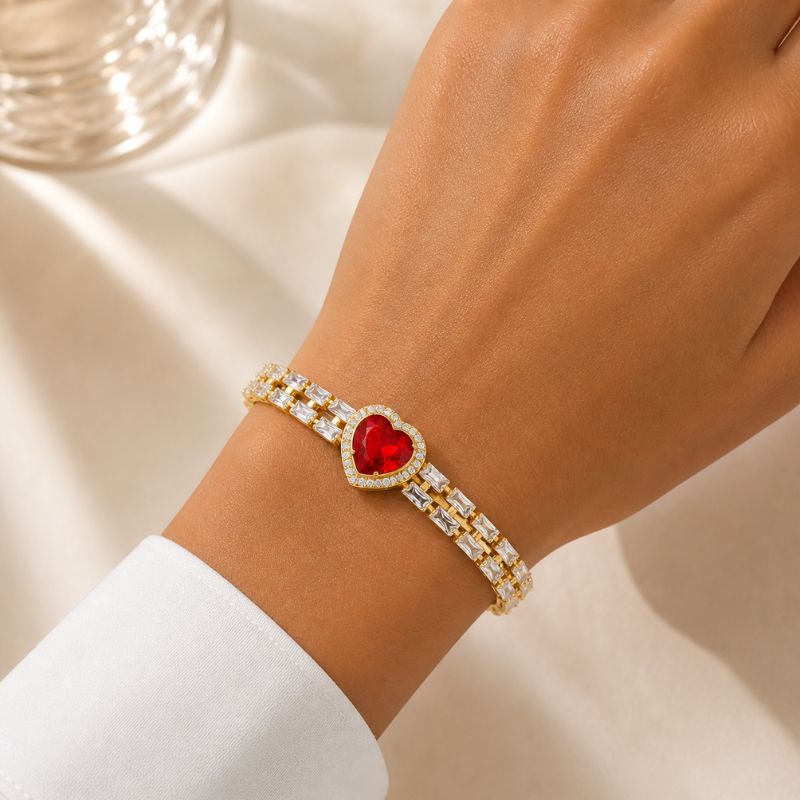 Bratara cupru Inima CZ alb, rosu, placaj aur 18K, lungime 17 cm