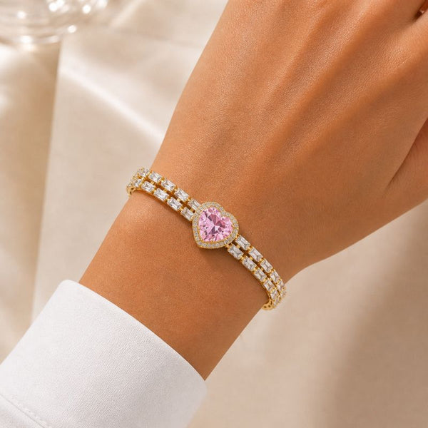 Bratara cupru Inima CZ alb, rox, placaj aur 18K, lungime 17 CM