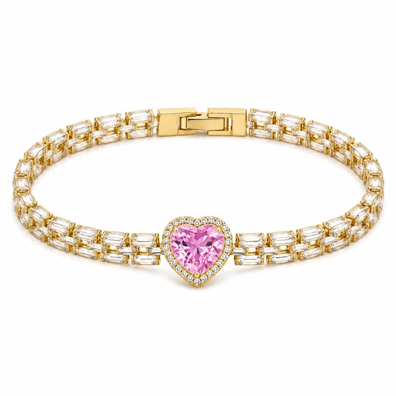 Bratara cupru Inima CZ alb, rox, placaj aur 18K, lungime 17 CM