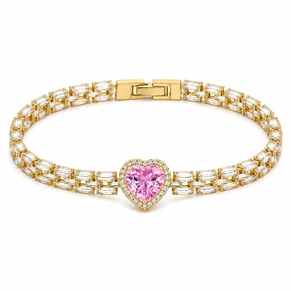 Bratara cupru Inima CZ alb, rox, placaj aur 18K, lungime 17 CM