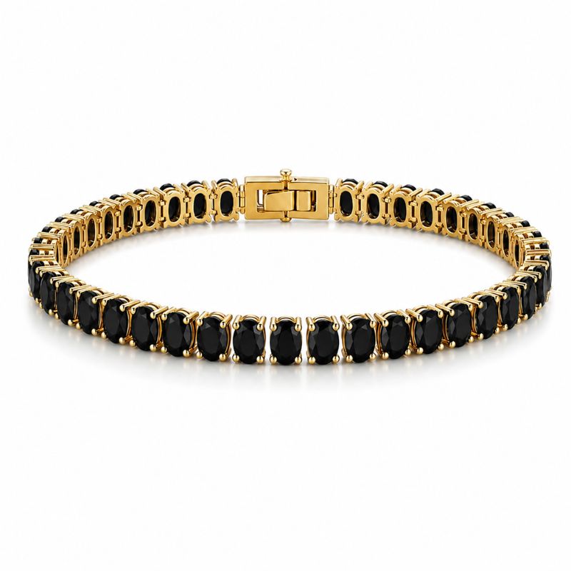 Bratara tennis otel inoxidabil CZ negre 5 x 3 mm, placaj aur 18K