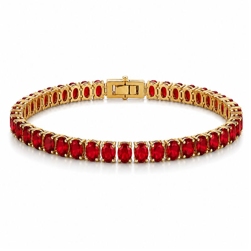 Bratara tennis otel inoxidabil CZ rosii 5 x 3 mm, placaj aur 18K