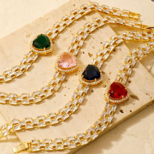 Bratara cupru Inima CZ alb, rox, placaj aur 18K, lungime 17 CM