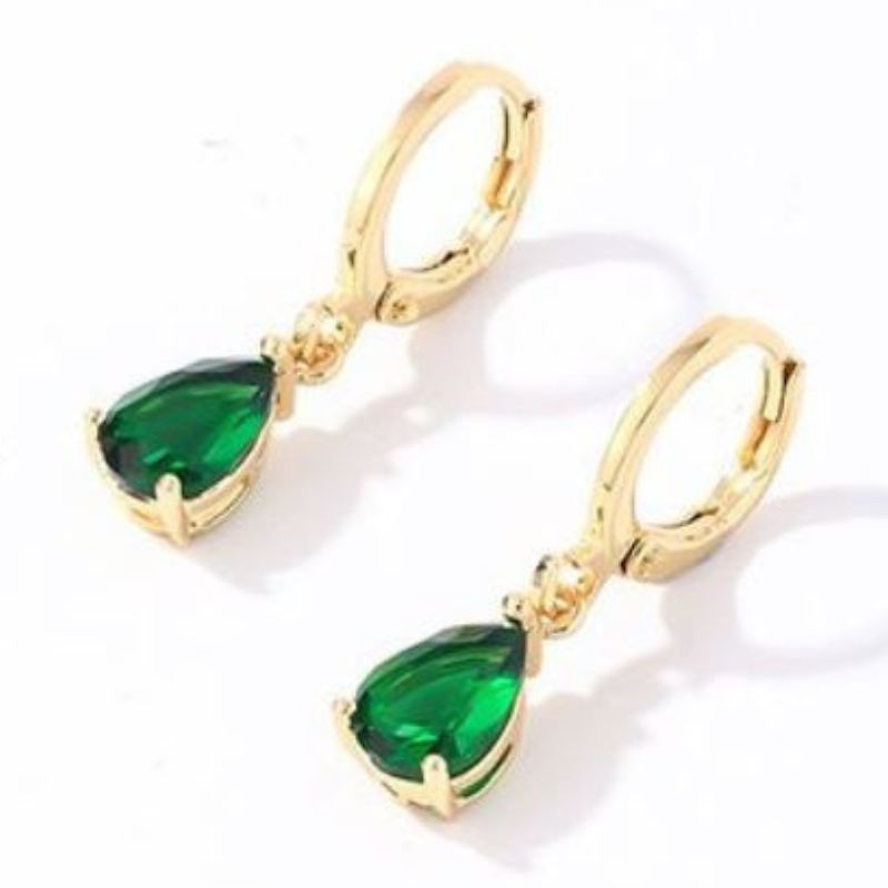 Cercei placati cu aur 18K din inox, CZ verde, lacrima