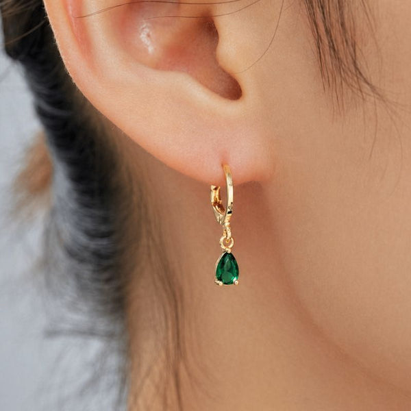 Cercei placati cu aur 18K din inox, CZ verde, lacrima