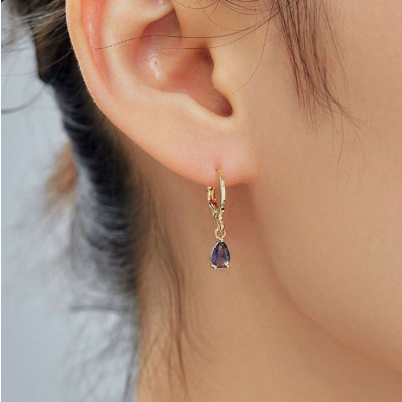 Cercei placati cu aur 18K din inox, CZ violet, lacrima