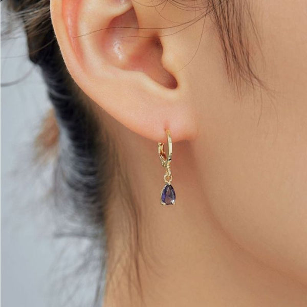 Cercei placati cu aur 18K din inox, CZ violet, lacrima