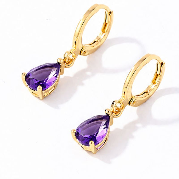 Cercei placati cu aur 18K din inox, CZ violet, lacrima