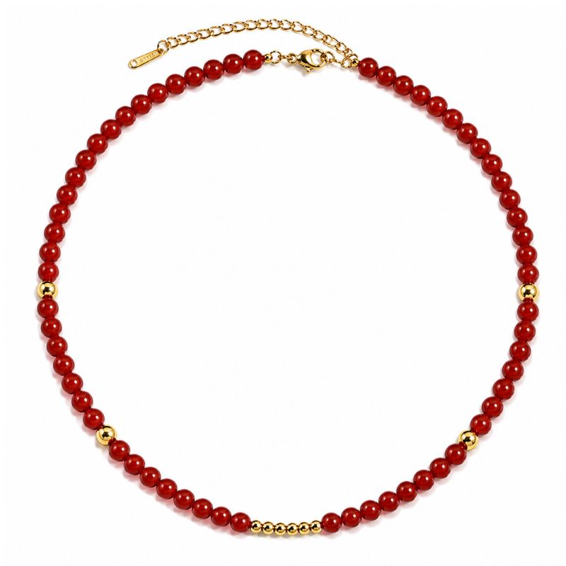 Colier inox cu agat rosu 6 mm, placaj aur 18K
