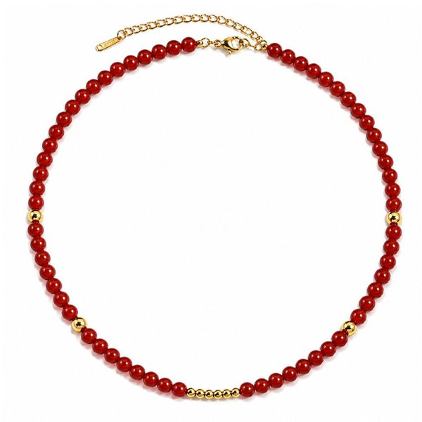 Colier inox cu agat rosu 6 mm, placaj aur 18K