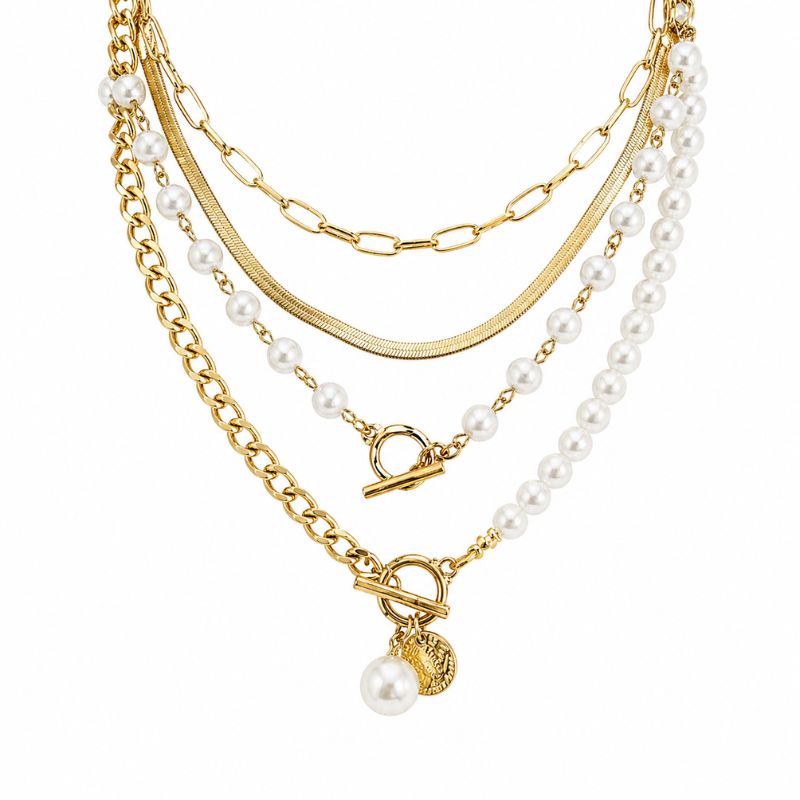 Set 4 coliere din inox, placaj aur 18K, imitatie perle