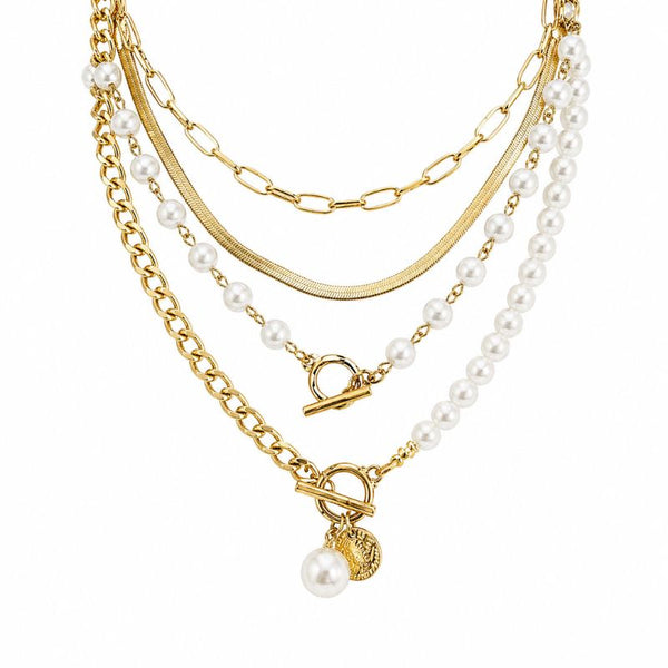 Set 4 coliere din inox, placaj aur 18K, imitatie perle