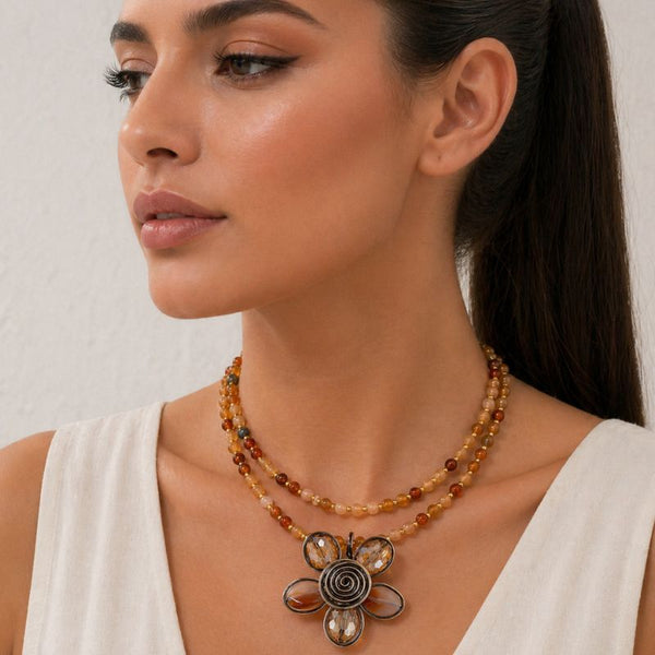 Colier inox statement Floare cu agat, lungime 1 m, placaj aur 18K