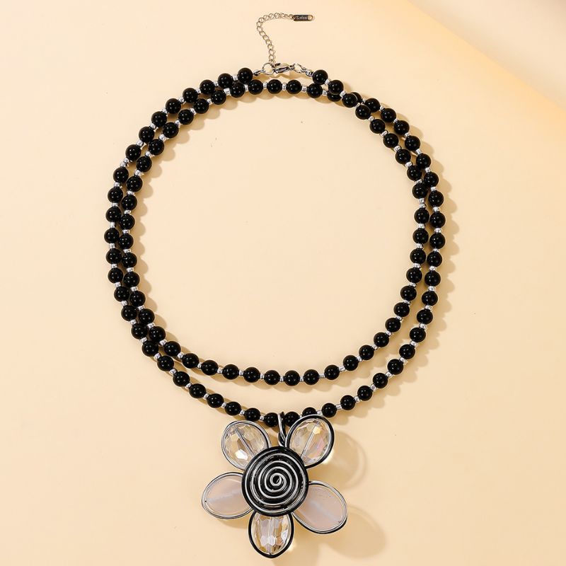 Colier inox statement Floare cu onix negru, lungime 1 m