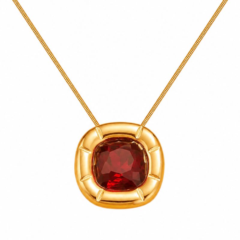 Colier otel inoxidabil placat cu aur 18K, CZ rosu patrat