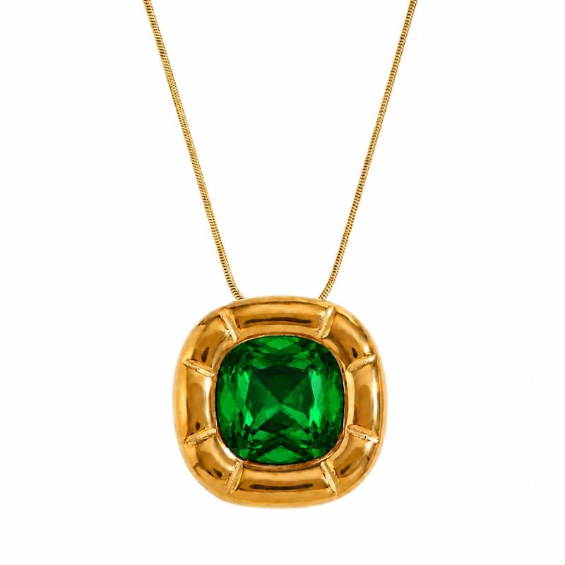 Colier otel inoxidabil placat cu aur 18K, CZ verde patrat