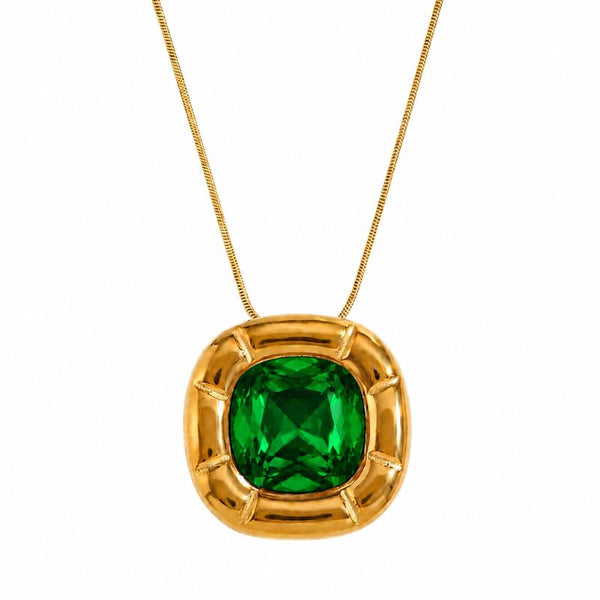 Colier otel inoxidabil placat cu aur 18K, CZ verde patrat
