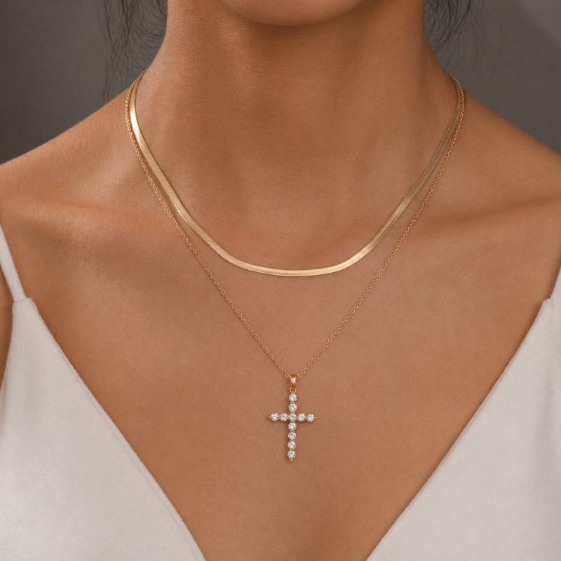 Colier dublu inox placat cu aur 18K, Cruce CZ albe