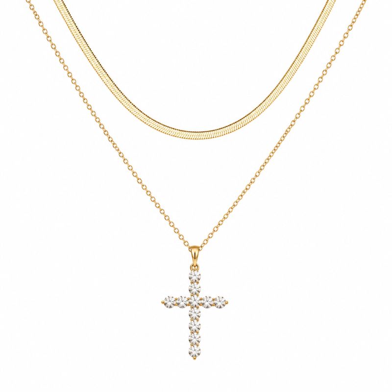 Colier dublu inox placat cu aur 18K, Cruce CZ albe