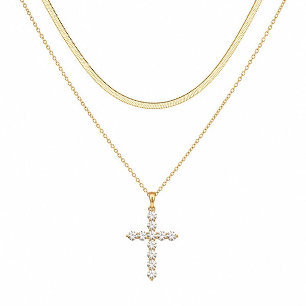 Colier dublu inox placat cu aur 18K, Cruce CZ albe