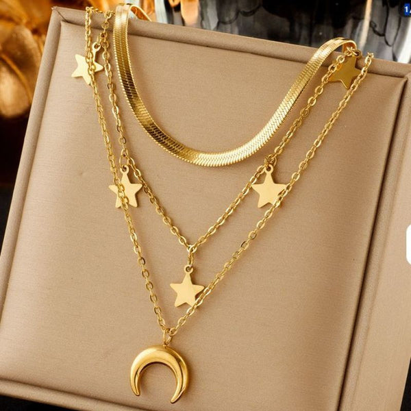 Colier inox placat cu aur 18K, 3 straturi, Luna si Stele