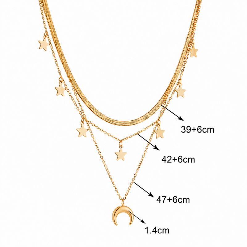 Colier inox placat cu aur 18K, 3 straturi, Luna si Stele