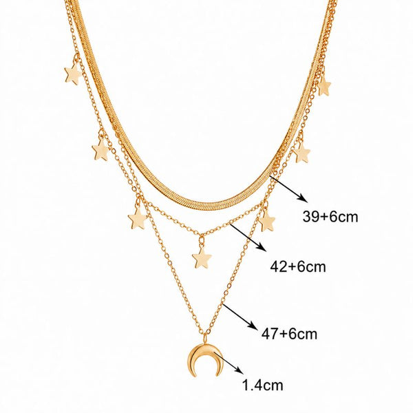 Colier inox placat cu aur 18K, 3 straturi, Luna si Stele