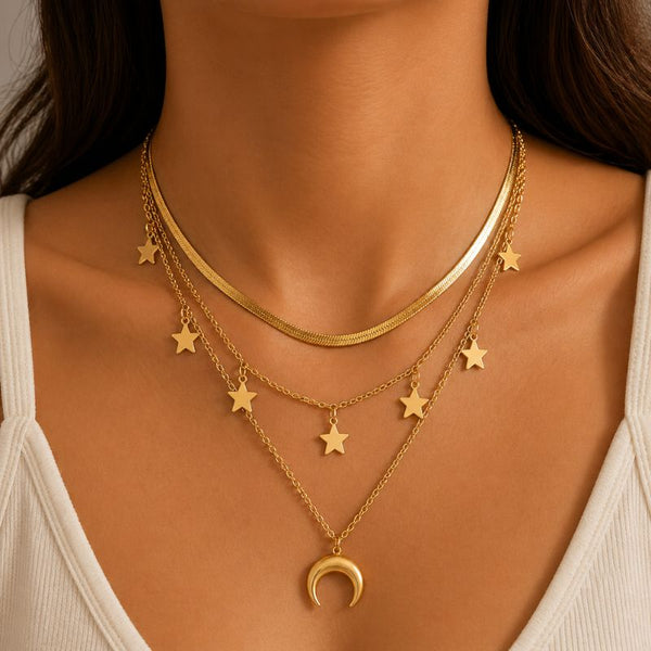 Colier inox placat cu aur 18K, 3 straturi, Luna si Stele