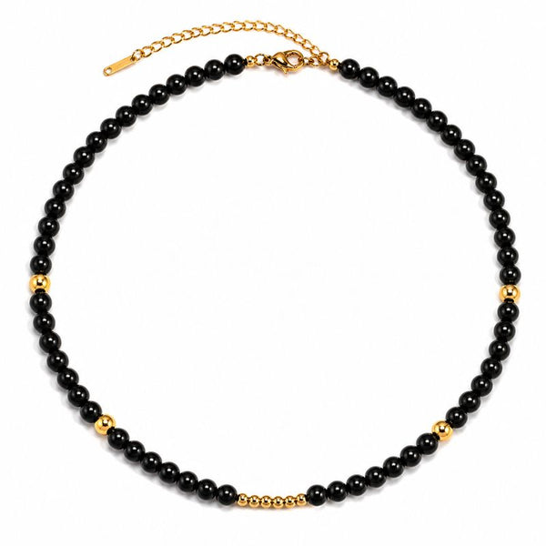 Colier cu pietre onix 6 mm, otel inoxidabil, placaj aur 18K
