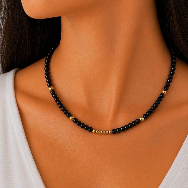 Colier cu pietre onix 6 mm, otel inoxidabil, placaj aur 18K