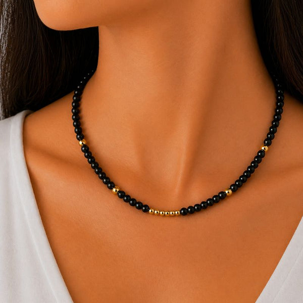 Colier cu pietre onix 6 mm, otel inoxidabil, placaj aur 18K