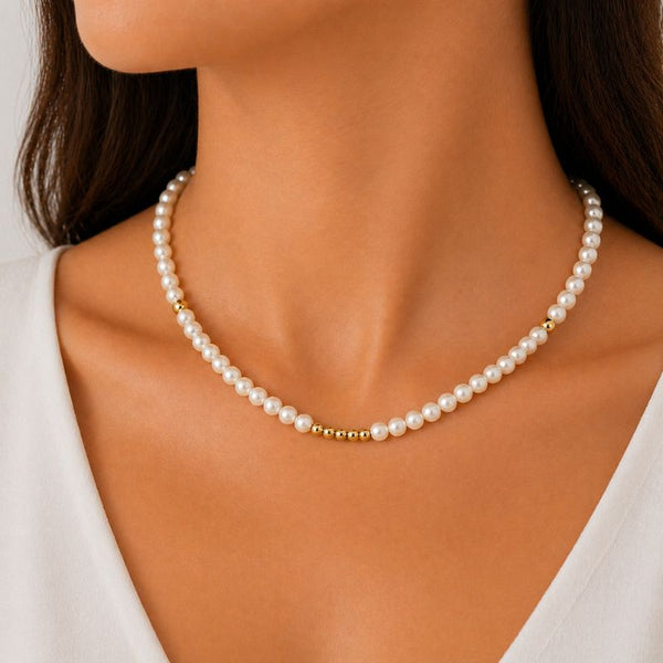 Colier cu perle sintetice 6 mm, otel inoxidabil, placaj aur 18K