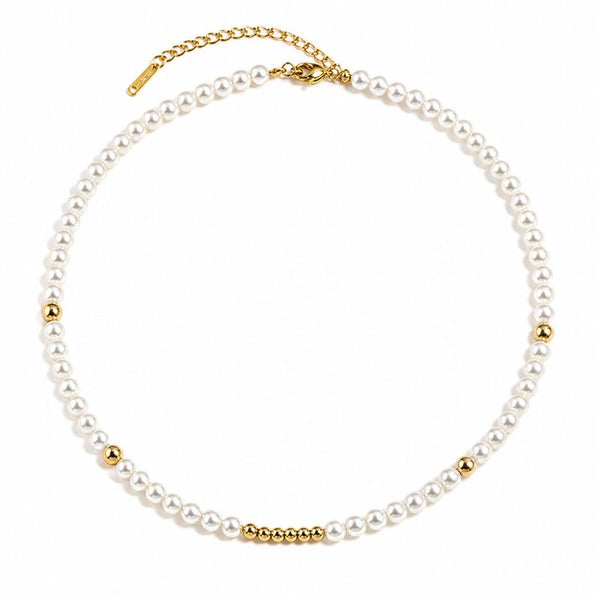 Colier cu perle sintetice 6 mm, otel inoxidabil, placaj aur 18K