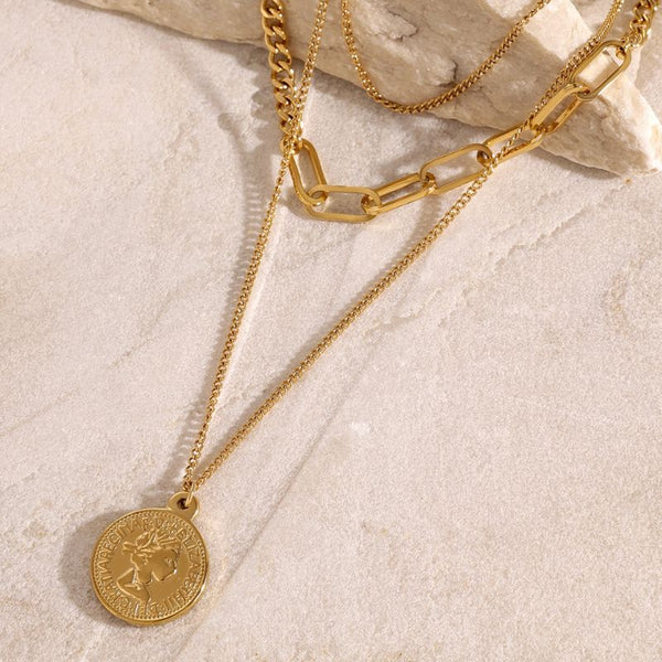 Colier inox placat cu aur 18K, 3 straturi cu moneda 10 cents
