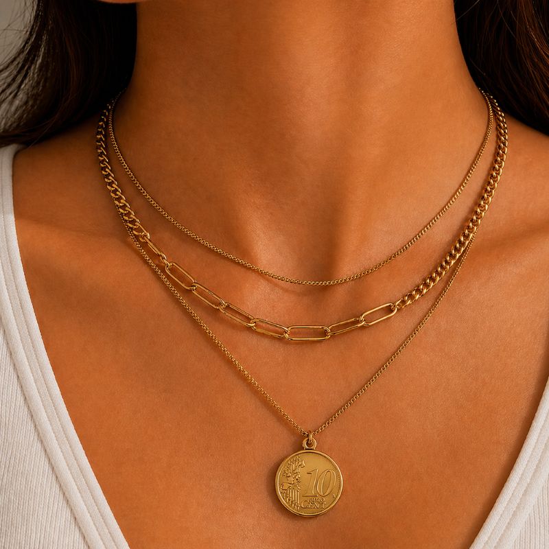 Colier inox placat cu aur 18K, 3 straturi cu moneda 10 cents