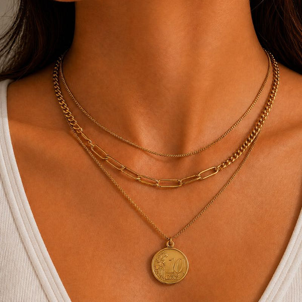 Colier inox placat cu aur 18K, 3 straturi cu moneda 10 cents