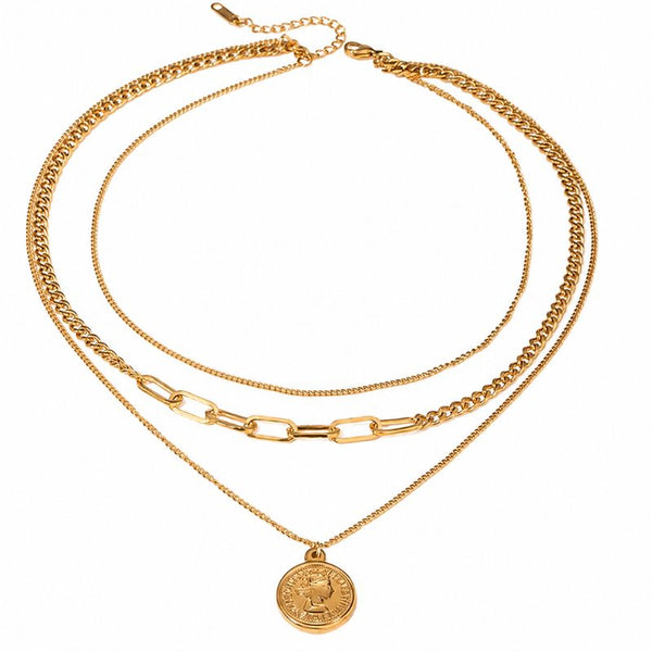 Colier inox placat cu aur 18K, 3 straturi cu moneda 10 cents