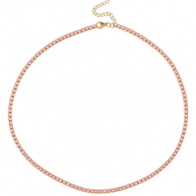 Colier tennis din inox, placaj aur 18K, CZ roz 3 mm, lungime 45+5 cm